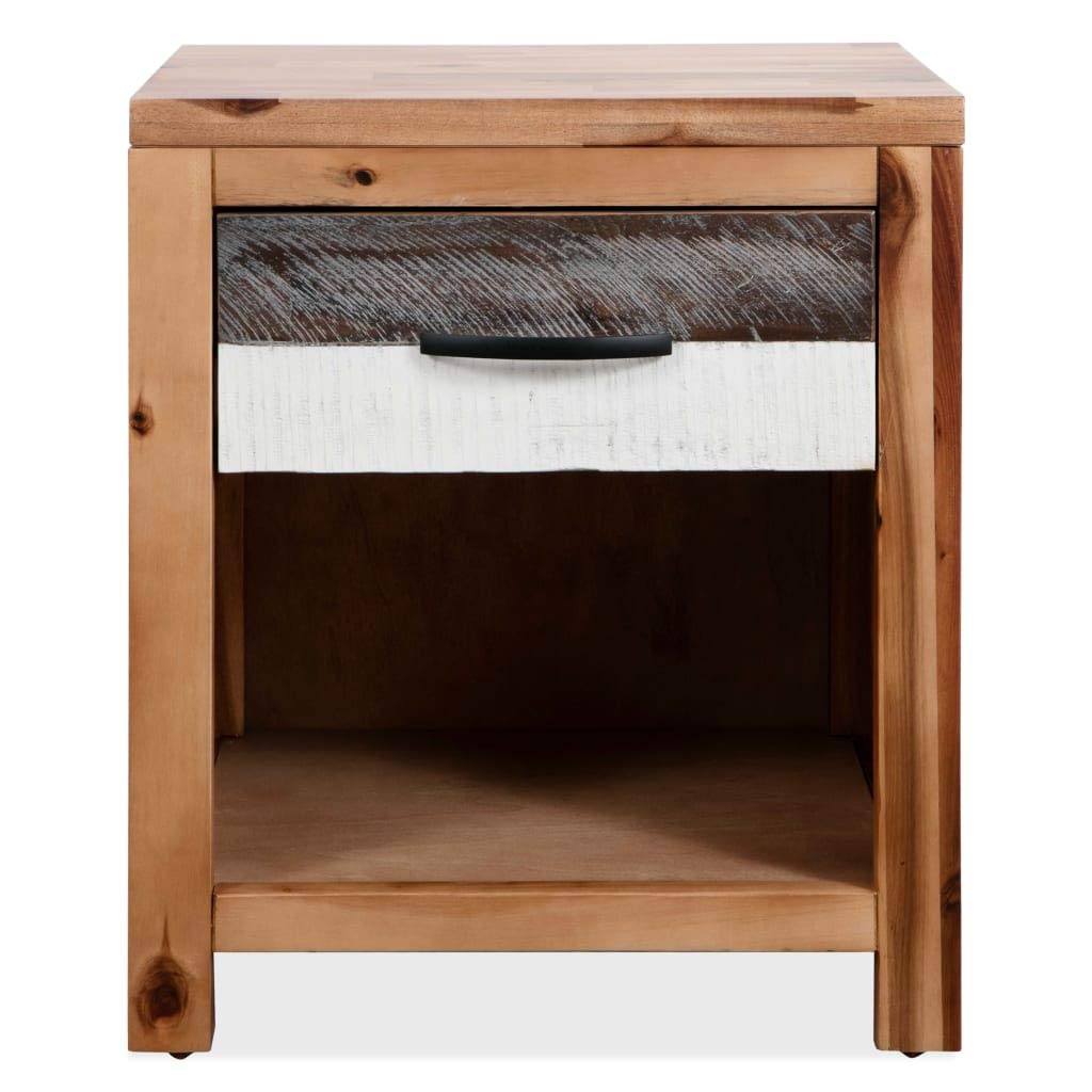 vidaXL Bedside Table-Nightstand in Solid Acacia Wood with Contrasting Drawer Front, Includes Shelf and Drawer-Size 15.7"x11.8"x18.9"